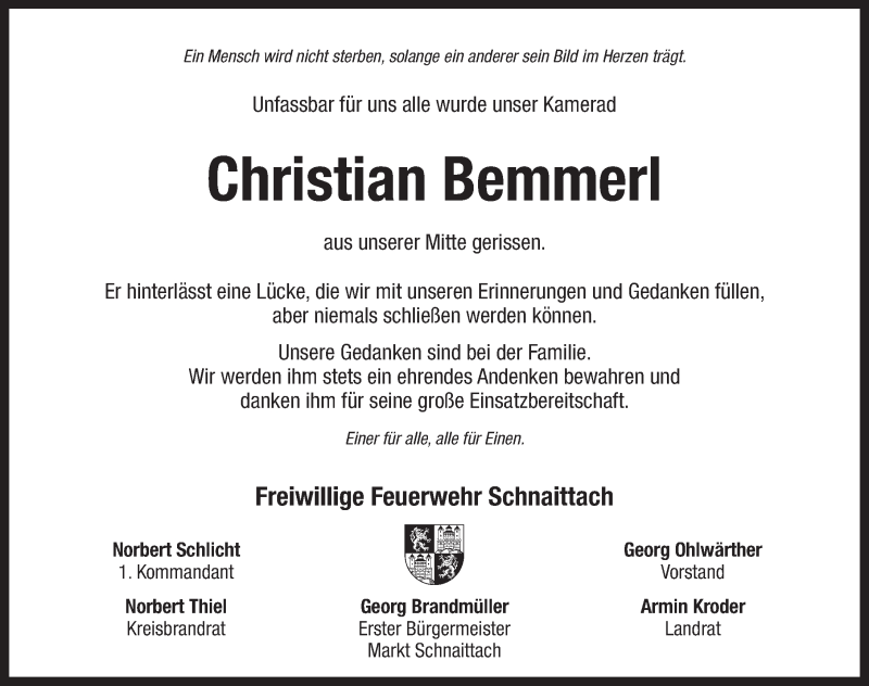  Traueranzeige für Christian Bemmerl vom 11.04.2014 aus Pegnitz-Zeitung